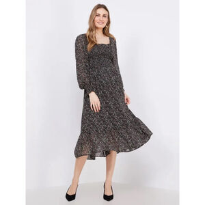 Ditsy Black Floral Long Puff Sleeve Square Neckline Midi Dress Ruffle Flowy